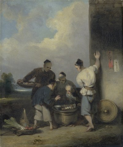 Coolies حول كشك بائع الطعام ، بعد عام 1825 (زيت على قماش) بواسطة جورج شنري