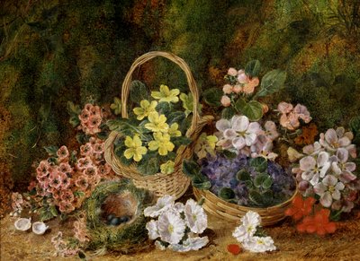 زهور الربيع وطيور تعشش على ضفة طحلبية. لوحة لجورج كلير (1835-1899) مجموعة خاصة. بواسطة جورج كلير