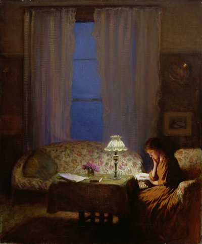 القراءة بواسطة Lamplight (الشفق: داخلي) (زيت على قماش) بواسطة جورج كلاوسن