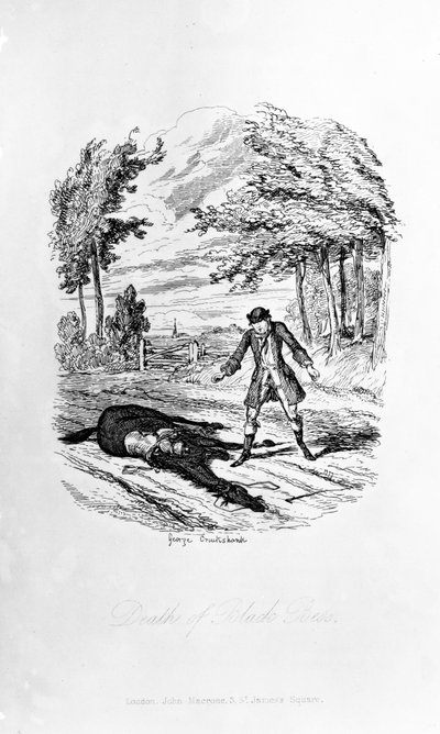 وفاة بلاك بيس ، رسم توضيحي من "روكوود" بقلم ويليام هاريسون أينسورث ، نُشر عام 1836 بواسطة جورج كروكشانك