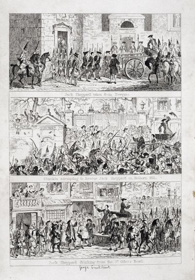 رحلة جاك من Newgate إلى Tyburn ، التوضيح من "Jack Sheppard: A Romance" بقلم ويليام هاريسون أينسورث ، نشر عام 1839 بواسطة جورج كروكشانك