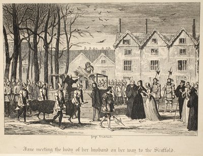 جين تلتقي بجسد زوجها في طريقها إلى سقالة ، من حانة برج لندن. 1840 بواسطة جورج كروكشانك