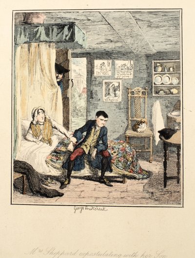 السيدة Sheppard تكلف مع ابنها ، رسم توضيحي من Jack Sheppard: A Romance by William Harrison Ainsworth ، تم نشره عام 1839 (النقش الملون يدويًا) بواسطة جورج كروكشانك