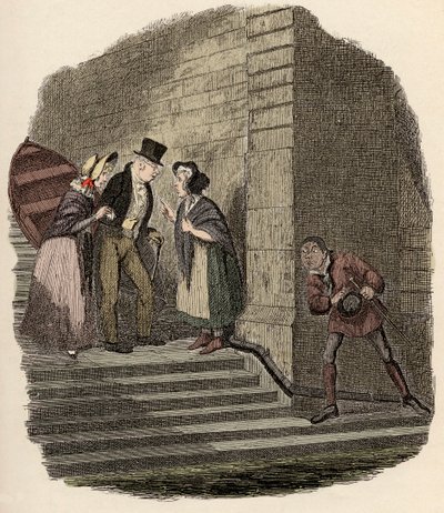 نوي كلايبول يتجسس على الموعد السري بين السيد براونلو وروز مايلي ونانسي - الاجتماع - رسم توضيحي لـ "" أوليفر تويست "(أوليفر) (مغامرات أوليفر تويست) بواسطة تشارلز ديكنز (1812-1870) ، بقلم جورج كروكشانك (1792-1878). بواسطة جورج كروكشانك