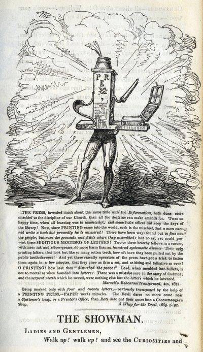 انتصار الصحافة من أجل حريات الشعب ، صورة توضيحية من "The Showman Showman - at Home!" بقلم ويليام هون ، نُشر عام 1821 بواسطة جورج كروكشانك