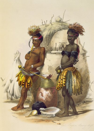 Dabiyaki و Upapazi ، Zulu Boys in Dancing Dress ، لوحة 17 من "The Kafirs Illustrated" ، 1849 بواسطة جورج فرينش انجاس