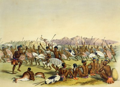 رقص زولو للصيد بالقرب من جبال إنغوي ، اللوحة 14 من "الكافير المصور" ، 1849 بواسطة George French Angas