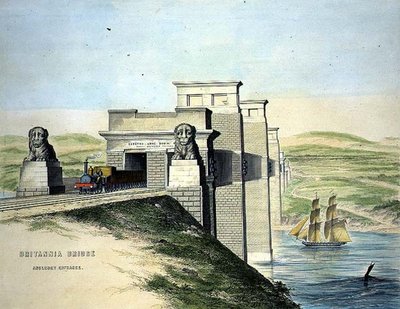 جسر بريتانيا ، مدخل أنجلسي ، محفور بواسطة الفنان ، حانة. 1849 (لون ليثو) (ل b & w انظر 109679) بواسطة جورج هوكينز