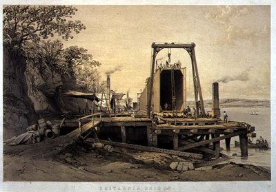 جسر بريتانيا ، منصة وبناء الأنابيب ، سبتمبر 1848 ، نقش بواسطة الفنان ، حانة. 1849 (ليثو) بواسطة جورج هوكينز