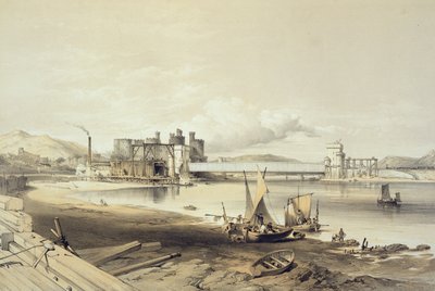 جسر كونواي ، بناء الأنبوب الثاني ، سبتمبر 1848 ، محفور من قبل الفنان بواسطة جورج هوكينز