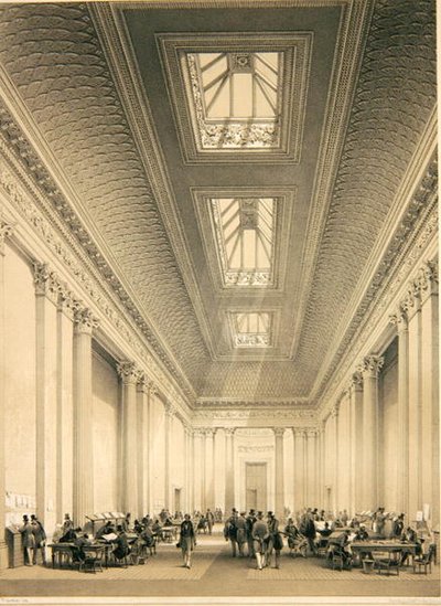الجزء الداخلي من القاعة التجارية ، شارع Threadneedle ، لندن ، حوالي 1850 (ليثو) بواسطة جورج هوكينز