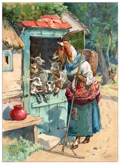 أم ماعز وأطفالها الصغار ، رسم توضيحي من كتاب "ذات مرة" الذي نشره إرنست مستر ، حوالي عام 1900 (ليثو ملون) بواسطة جورج هنري طومسون
