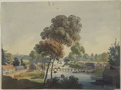 قرية تشيباوا بالقرب من شلالات نياجرا ، c.1801 (مرحاض على ورق منسوج) بواسطة جورج هيريوت