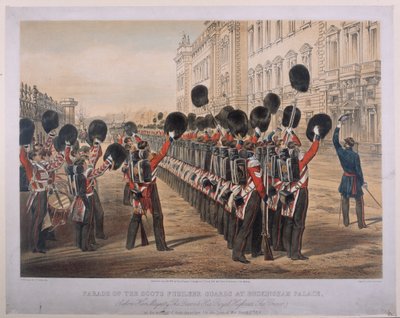 موكب حراس Fusilier الاسكتلنديين في قصر باكنغهام في صباح مغادرتهم لمقعد الحرب ، 2 مارس 1854 ، منقوش بواسطة E. Walker ، نشره Colnaghi und Co. ، 1854 بواسطة جورج هاوسمان توماس
