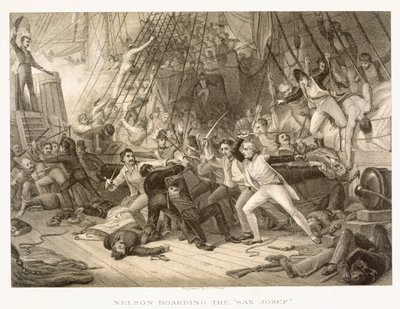 هوراشيو نيلسون يركب سان جوزيف في معركة كيب سانت فنسنت ، 14 فبراير 1797 ، نقشها جون كرو بعد النسخة الأصلية في مجموعة مستشفى غرينتش بواسطة جورج جونز