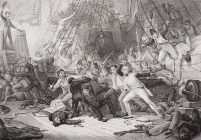 نيلسون يركب سان جوزيف في معركة سانت فنسنت ، 14 فبراير 1797 ، من `` الرسوم التوضيحية الإنجليزية والتاريخ الاسكتلندي &39;&39; المجلد الثاني بواسطة جورج جونز