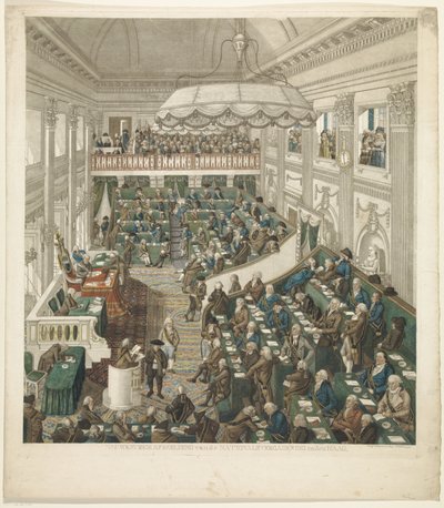 أول جمعية وطنية في لاهاي ، 1796 صورة دقيقة للجمعية الوطنية في لاهاي (العنوان على الجسم) بواسطة جورج كوكرز