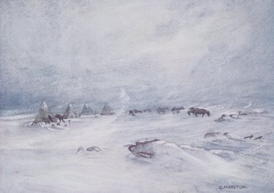 عاصفة ثلجية على الحاجز ، رسم توضيحي من "نمرود في القطب الجنوبي 1907-09" بقلم السير إرنست شاكلتون (1874-1922) بواسطة جورج مارستون