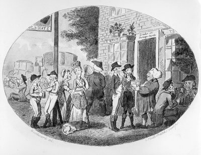 خارج حانة القبعات القديمة ، نقشها إسحاق كروكشانك ، 1796 بواسطة جورج موتارد وودوارد