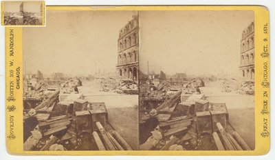 صورة مجسمة للخزائن المأخوذة من الأنقاض في شارع ديربورن بعد حريق شيكاغو عام 1871 ، 1871 (صورة وزن الجسم على حامل البطاقة) بواسطة جورج إن بارنارد