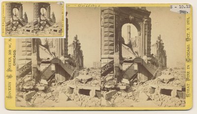 صورة مجسمة لكتلة بريان في الركن الشمالي الغربي من شوارع مونرو ولاسال بعد حريق شيكاغو عام 1871 ، 1871 (صورة من وزن الجسم على حامل البطاقة) بواسطة جورج إن بارنارد