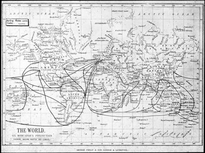 خريطة للعالم توضح طرق الإبحار وكابلات التلغراف ، c1893 بواسطة شركة جورج فيليب اند سون المحدودة