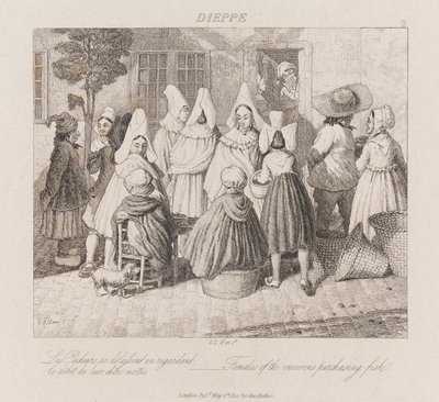 النساء يشترون الأسماك ، دييب ، حوالي 1821 (حفر) بواسطة جورج روبرت لويس