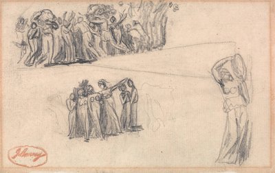 رسمين لنساء وأطفال يهربون وشخصية أنثى واقفة تعزف على الدف كما لليدي آن ليفيسون في "أطفال جاور الراقصين" بواسطة جورج رومني