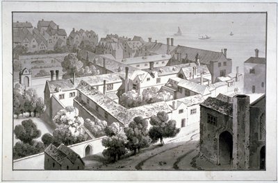 منظر من أعلى لقصر أسقف وينشستر ، ساوثوارك ، لندن ، حوالي عام 1820. بواسطة جورج شيبرد