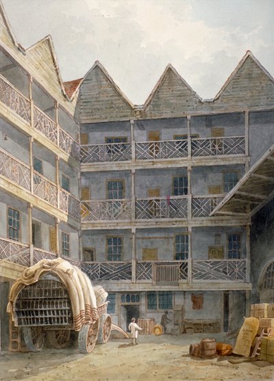 منظر للفناء في Bull and Mouth Inn ، St Martin's le Grand ، City of London ، 1817. بواسطة جورج شيبرد