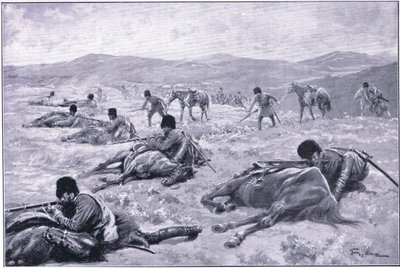 القوزاق وحصانه: جهاز لتأمين الغطاء أثناء المناوشات ، رسم توضيحي من Casells History of Russo-Japanese War Vol 1 ، c.1900 بواسطة جورج صوبر