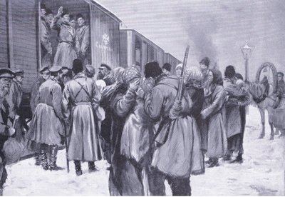 رحيل القوات الروسية إلى الشرق الأقصى ، رسم توضيحي من Casells History of Russo-Japanese War Vol 1 ، c.1900 بواسطة جورج صوبر