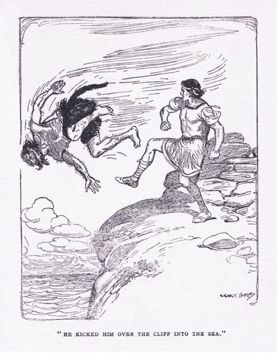 ركله فوق الجرف في البحر ، من كتاب الأبطال الذي نشره جورج ألين وأونوين 1929 (لون ليثو) بواسطة جورج صوبر