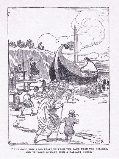 قفزت السفينة Argo الجيدة من الرمال فوق البكرات وهبطت إلى الأمام مثل الحصان الباسط ، من The Heroes الذي نشره George Allen و Unwin 1929 بواسطة جورج صوبر