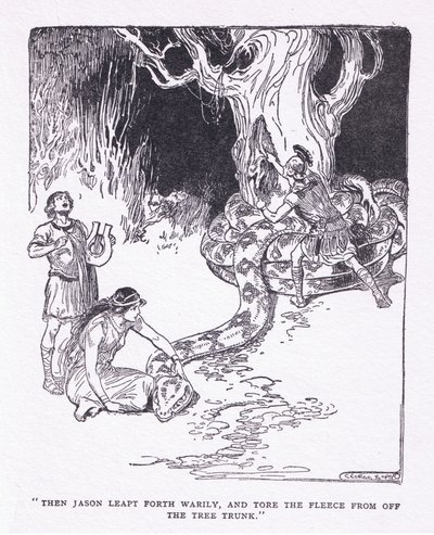 Then Jason leapt forth wearily, and tore the fleece off the tree trunk, from The Heroes published by George Allen and Unwin 1929 (litho) بواسطة جورج صوبر