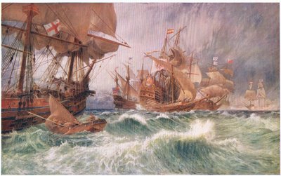 الاستدعاءات للاستسلام: حادثة في هجوم أرمادا العظيم 1588 ، من Cassells History of the British People نشرتها شركة Waverley Book Company ، c 1950s بواسطة جورج فيكات كول