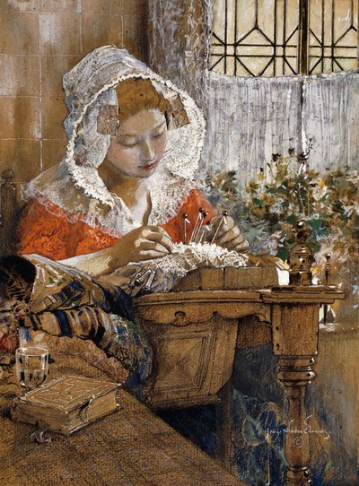 The Flemish Lacemaker ، حوالي عام 1925 (غواش ، باستيل وقلم رصاص على ورق بني) بواسطة جورج وارتون إدواردز