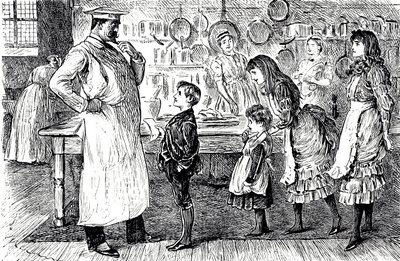 رسم كاريكاتوري يصور طاهياً يتلقى أوامر من أطفال المنزل. رسمه جورج دو مورييه (1834-1896) رسام كاريكاتير ومؤلف فرنسي بريطاني بواسطة جورج دو مورير