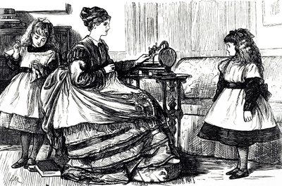 رسم كاريكاتوري يصور أم شابة تستخدم ماكينة خياطة. رسمه جورج دو مورييه (1834-1896) رسام كاريكاتير ومؤلف فرنسي بريطاني بواسطة جورج دو مورير