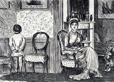 رسم كاريكاتوري يصور أمًا تعاقب ابنها بجعله يقف في مواجهة الحائط بواسطة جورج دو مورير