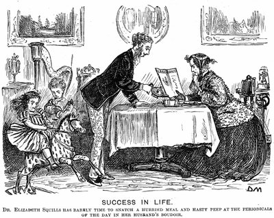 النجاح في الحياة: عكس الدور والمرأة المهنية الحديثة. كارتون جورج دو مورييه لـ Punch Almanack لعام 1867. في عام 1865 ، تم ترخيص إليزابيث جاريت أندرسون (1836-1917) لممارسة المهنة من قبل جمعية الصيدليات. بواسطة جورج دو مورير