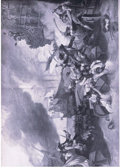 معركة لا هوغ ، 23-24 مايو 1692: تدمير الأسطول الفرنسي ، رسم توضيحي من المعارك البريطانية في البر والبحر ، 1915 بواسطة غرف جورج الأكبر