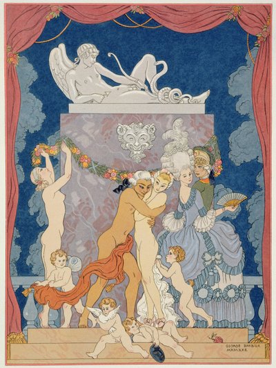 مشهد من "Les Liaisons Dangereuses" بقلم بيير تشودرلوس دي لاكلوس (1741-1803) نُشر في عشرينيات القرن الماضي (طباعة استنسل) بواسطة جورج (بعد) الحلاق
