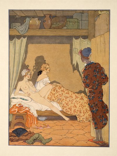 مشهد غرفة النوم ، رسم توضيحي من حانة "Les Liaisons Dangereuses" بقلم بيير تشودرلوس دي لاكلوس (1741-1803). 1934 (طباعة استنسل) بواسطة جورج حلاق