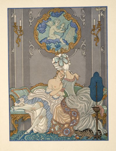 مشهد من غرفة النوم من حانة "Les Liaisons Dangereuses" لبيير تشودرلوس دي لاكلوس (1741-1803). 1934 (طباعة استنسل) بواسطة جورج حلاق