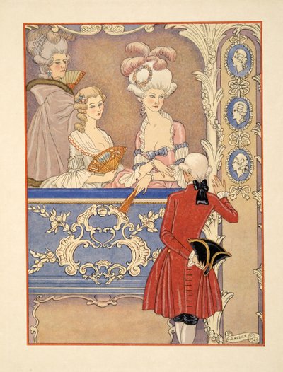 سيسيل دي فولانجز و ؛ ماركيز إيزابيل دي ميرتويل في المسرح ، رسم توضيحي من حانة "Les Liaisons Dangereuses" لبيير تشودرلوس دي لاكلوس (1741-1803). 1934 (طباعة استنسل) بواسطة جورج حلاق