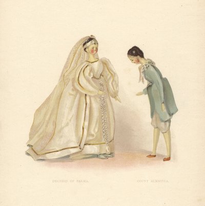 دمى دوقة بارما والكونت ألمافيفا ، من حلاق إشبيلية ، ترتديها الأميرة فيكتوريا الشابة. لوحة ملونة بعد رسم توضيحي من قبل آلان رايت من فرانسيس إتش. Low’s Queen Victoria’s Dolls ، George Newness ، London بواسطة جورج حلاق