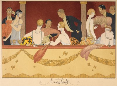 Eventails. الناس يستمتعون بأمسية في المسرح. بواسطة Georges Barbier