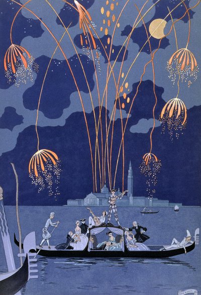 الألعاب النارية في البندقية ، رسم توضيحي لـ "Fetes Galantes" بقلم بول فيرلين (1844-96) 1924 (طباعة pochoir) بواسطة جورج حلاق