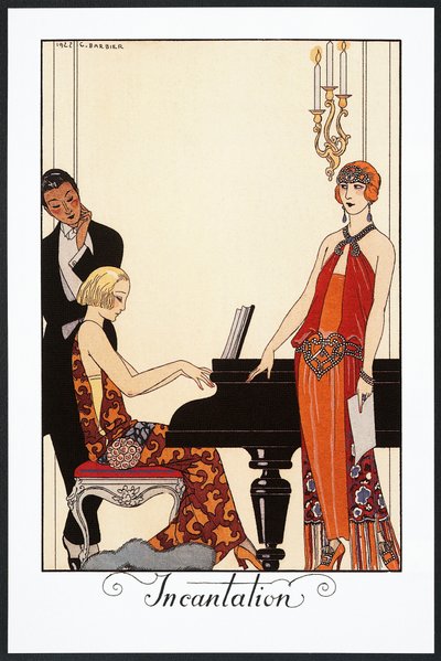 تعويذة ، عازفة بيانو وامرأة ترتدي ثياب السهرة ، رسم توضيحي من Falbalas et Fanfreluches ، تقويم عام 1923 بواسطة جورج حلاق